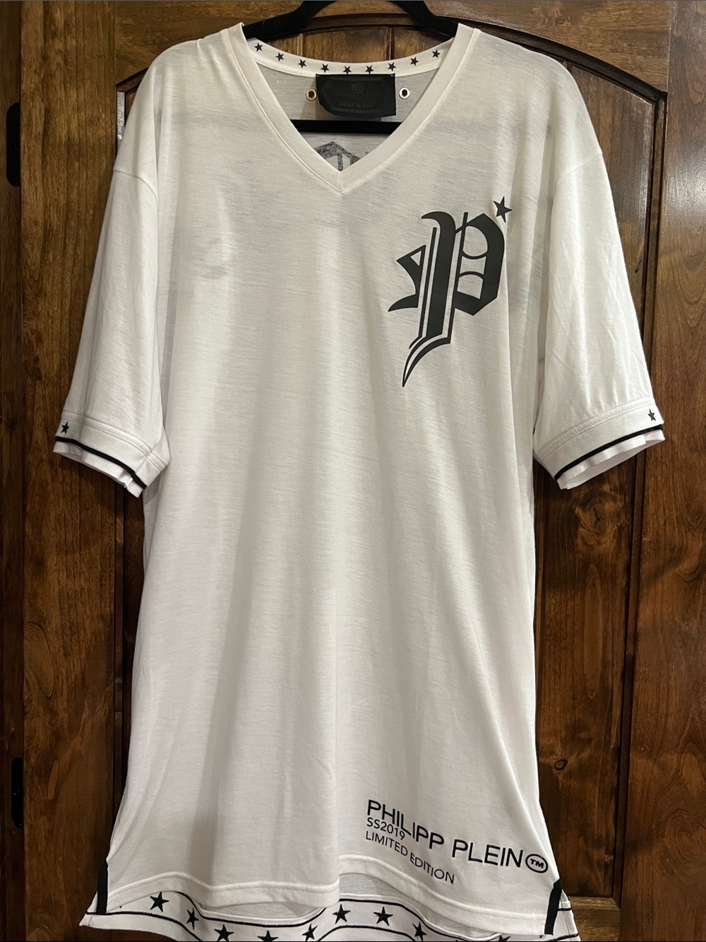 Philipp Plein White Short Sleeve V-Neck Tee with Black Logo